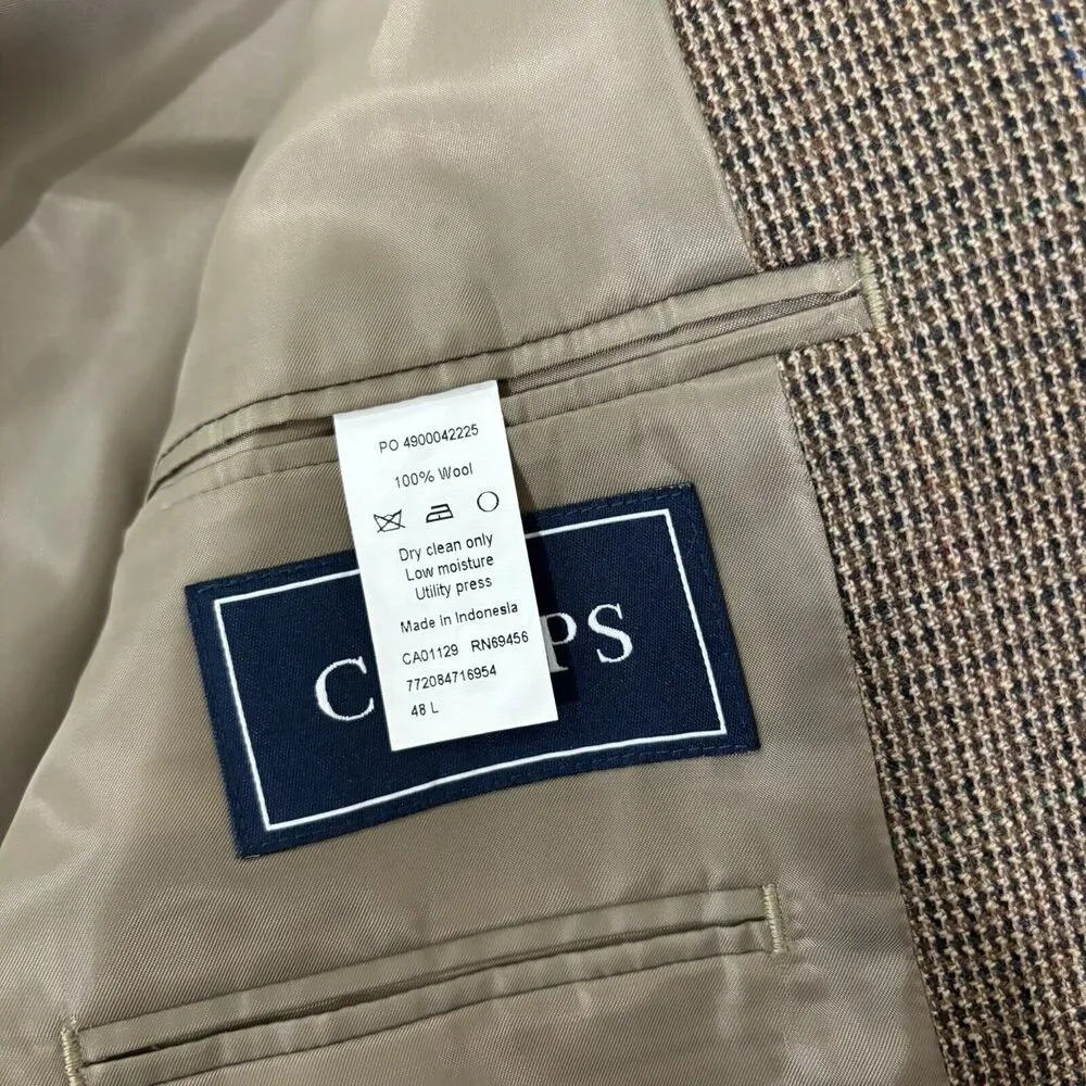 Chaps Ralph Lauren Men's Brown Check 100% Wool Sport Coat Blazer 48L 2-Button
